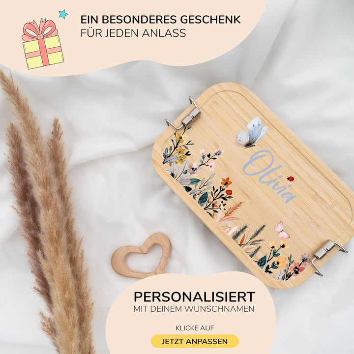 Kidsmood - Personalisierte Brotdose Kinder mit Fächern, Edelstahl Lunchbox mit Bambusdeckel | Schads