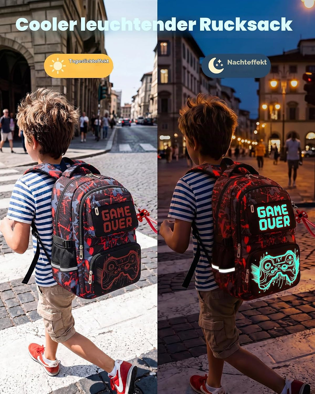 Amythe Schulrucksack mit Rollen für Jungen, Grosser Leuchtstoff Trolley-Rucksack mit 6 Räder, Wasser