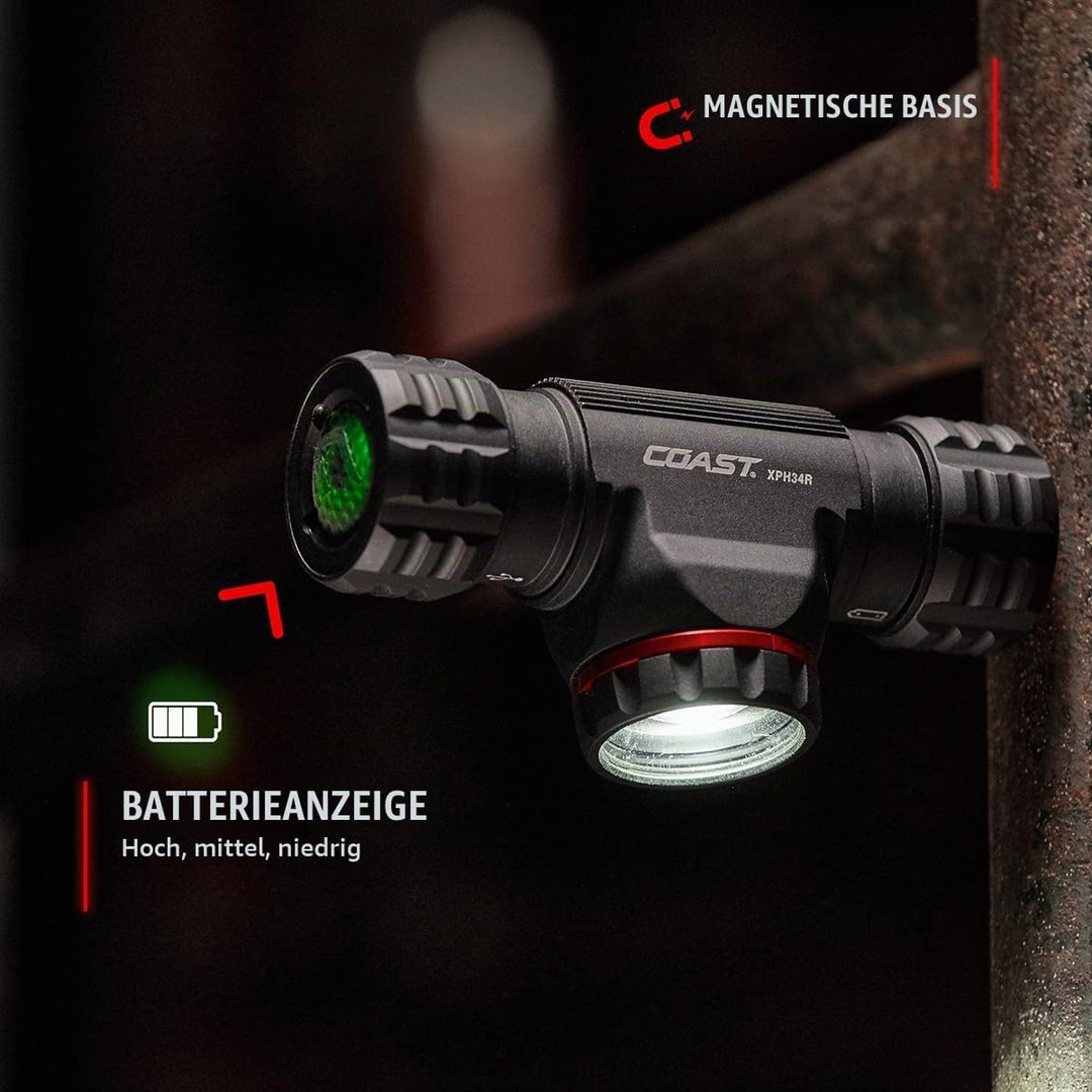 Coast XPH34R 2075 Lumen Wiederaufladbare Dual Power LED Stirnlampe mit Magnetfuss