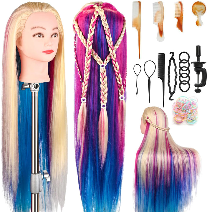 Trainingsköpfe, 28 Zoll Frisierkopf für Friseure, 100% Kunstfaser Haar Übungskopf, mit DIY Strickset