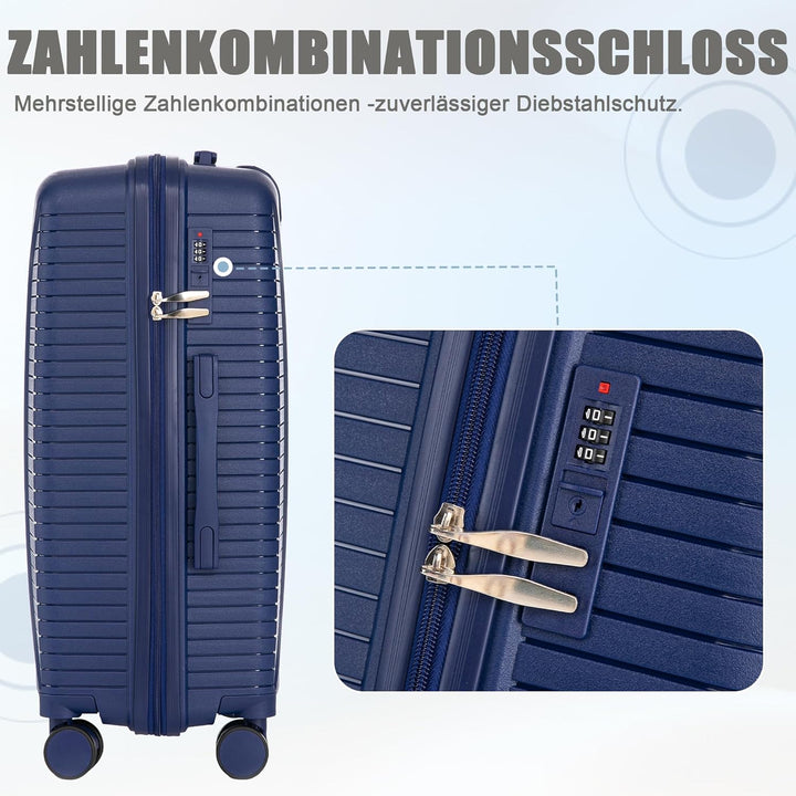 Hartschalen-Koffer Trolley Handgepäck Rollkoffer, Reisekoffer Set mit 4 Rollen, 3er Gepäckset, Blau