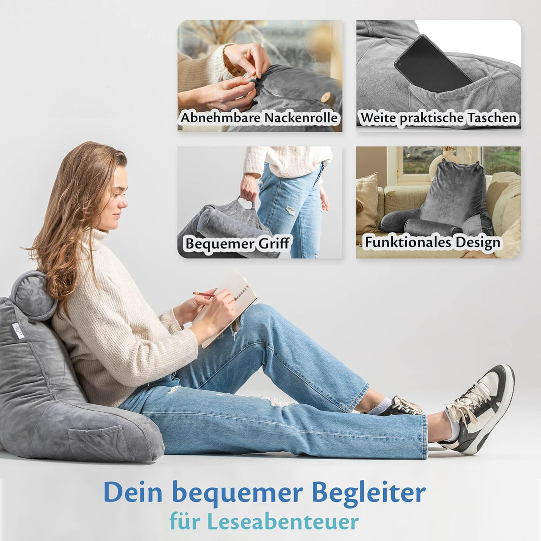 Ella Lesekissen für Bett und Sofa mit Abnehmbarer Nackenrolle - Rückenkissen Bett - Reading Pillow a