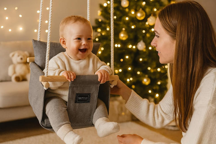 NATILU® Babyschaukel Set mit Sicherheitsgurt Haken Ringe Silver | Schaukel Baby Indoor Outdoor | Kin