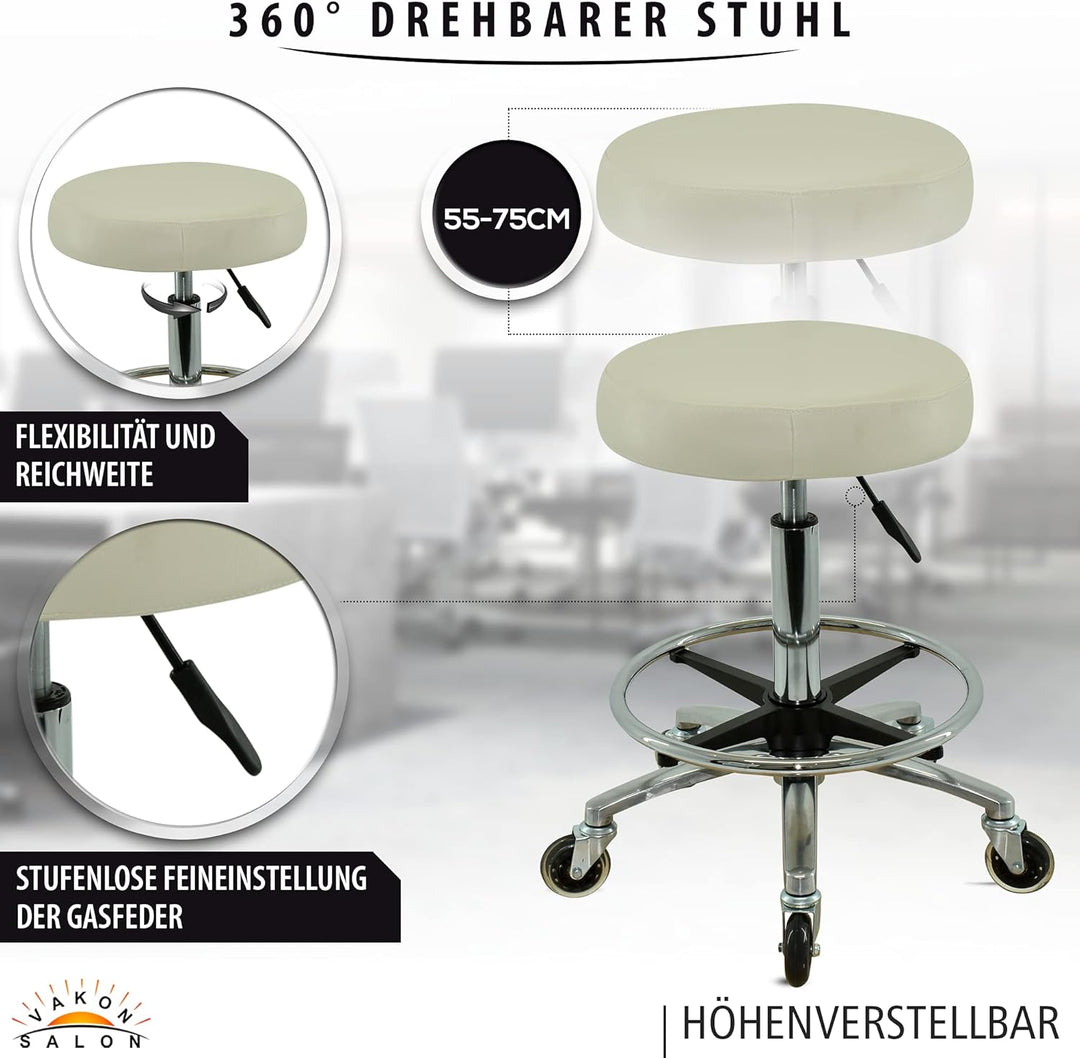 Premium Rollhocker weiss mit Fussring - Höhenverstellbar von 55-75 cm - Rundsitz Drehhocker Arbeitsh