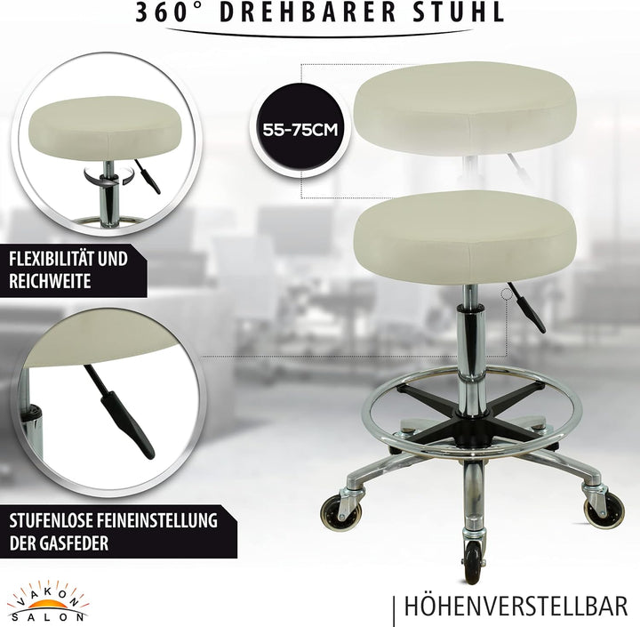 Premium Rollhocker weiss mit Fussring - Höhenverstellbar von 55-75 cm - Rundsitz Drehhocker Arbeitsh