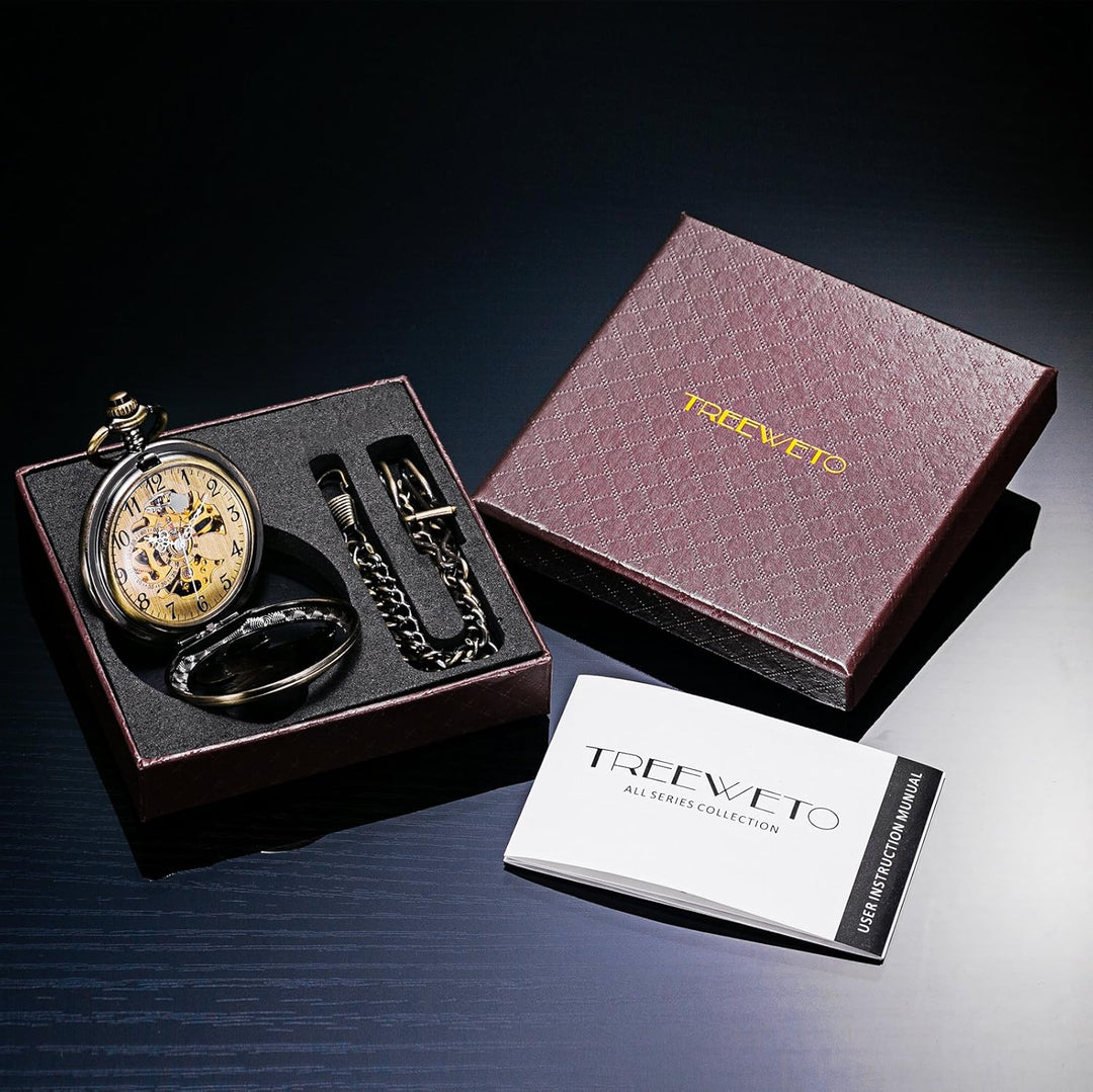 TREEWETO Unisex Taschenuhr mit Kette Analog Handaufzug Retro Pegasos Geflügeltes Pferd Bronze