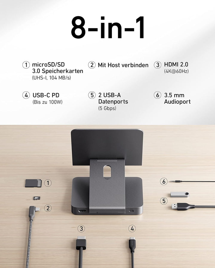 Anker 551 8-in-1 USB-C Hub, einklappbare Halterung, Power Delivery, 4K HDMI, 2 USB-A Datenports, 3.5