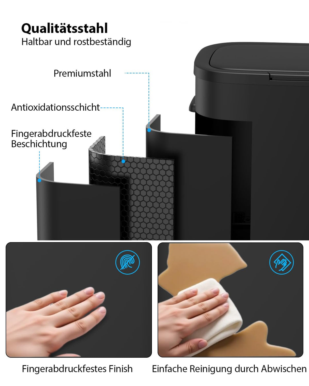 lovewind Mülleimer Küche 60L Edelstahl, Abfalleimer küche mit Deckel, Soft-Close Verschluss, Werkzeu