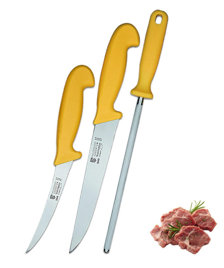 SMI 3 Stück Küchenmesser Set Solingen Metzgermesser Wetzstahl Ausbeinmesser Fleischermesser Kochmess