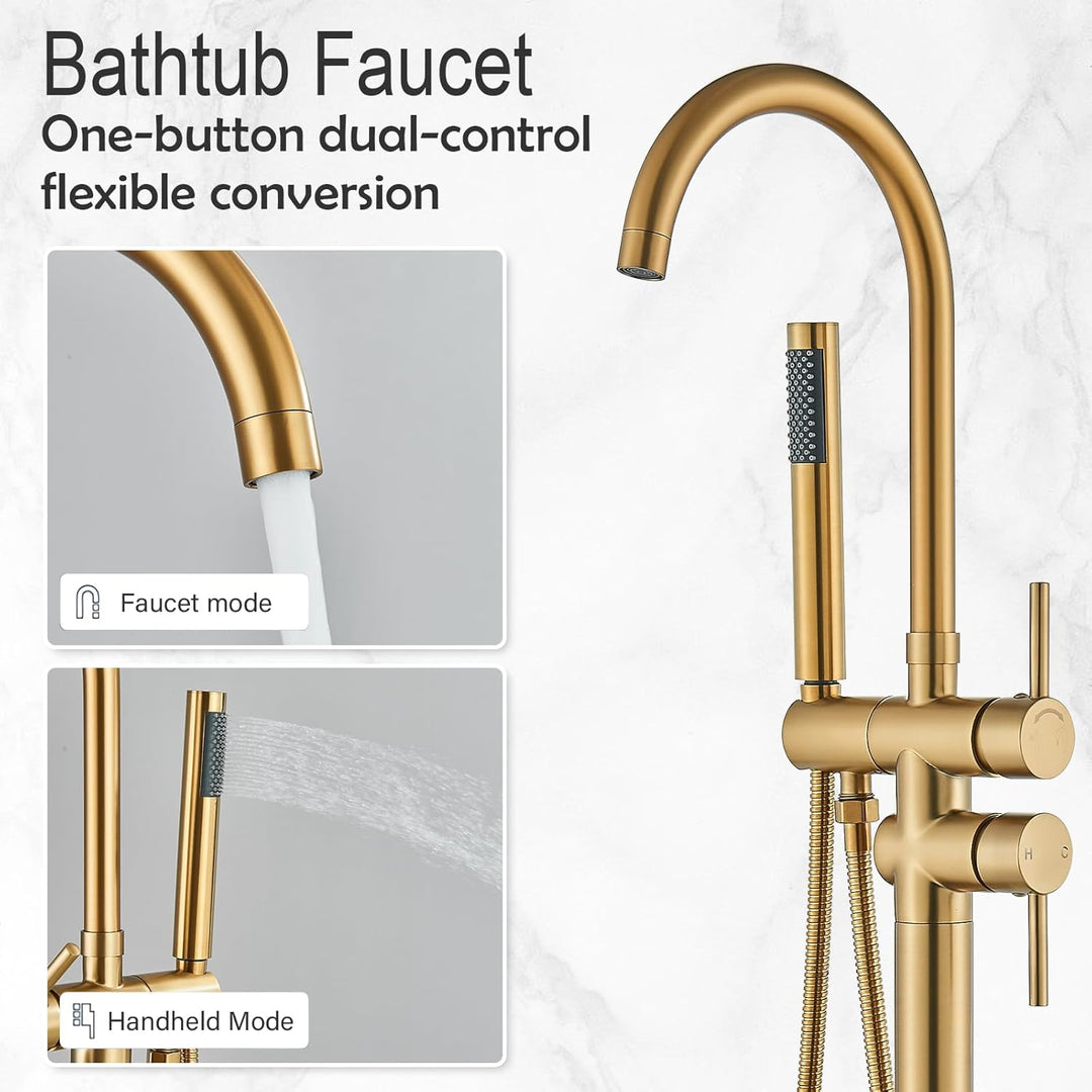 Rozin Freistehende Badewannenarmatur Gebürstetes Gold Wasserhahn Zweihebelmischer mit Handspritzgerä