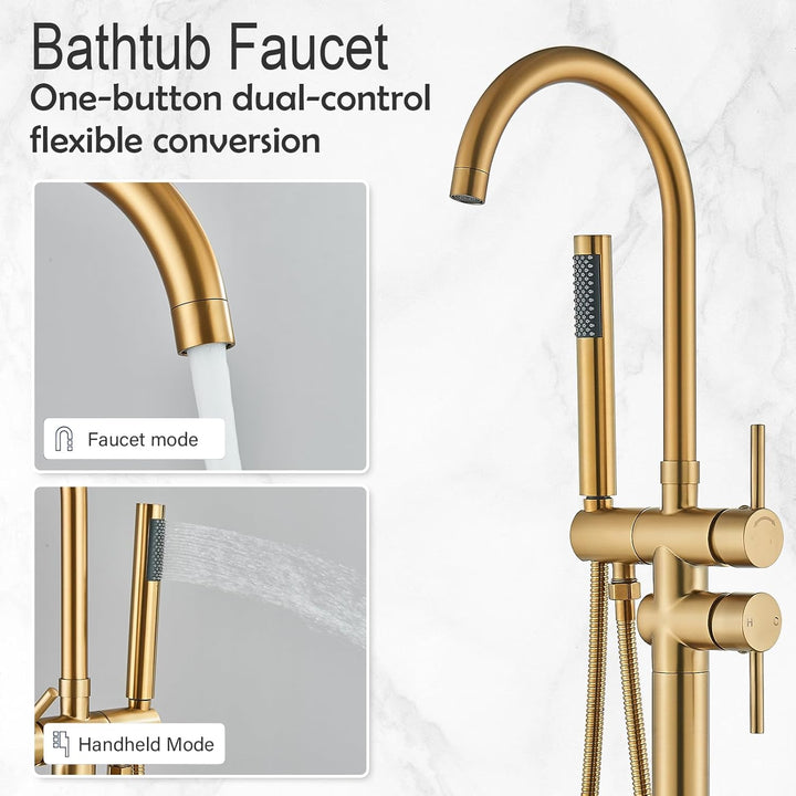 Rozin Freistehende Badewannenarmatur Gebürstetes Gold Wasserhahn Zweihebelmischer mit Handspritzgerä