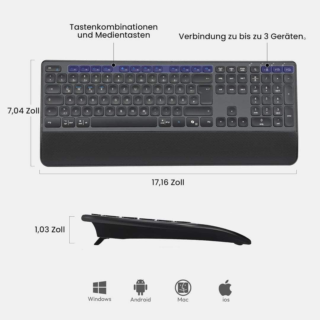 CITLLA M9127 Kabellose Tastatur und Maus mit Handballenauflage, Full-Size Multi Geräte-Tastatur Maus