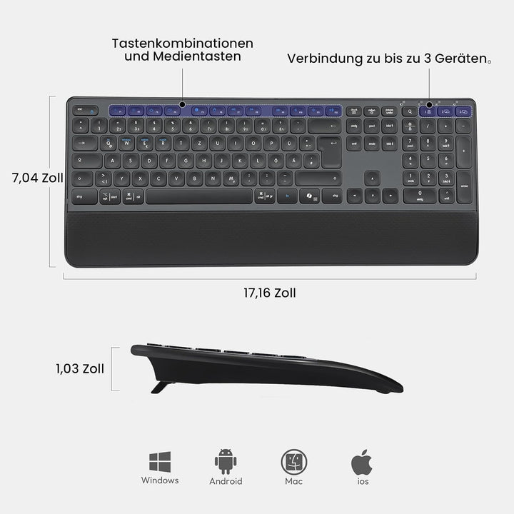 CITLLA M9127 Kabellose Tastatur und Maus mit Handballenauflage, Full-Size Multi Geräte-Tastatur Maus