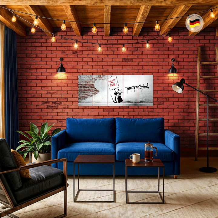 Runa Art Bild Banksy Graffiti Zitat Ratte mit Shild Wandbilder auf Vlies Leinwand 5 Teilig Wanddekor