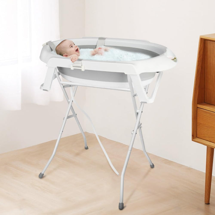Faltbare Babybadewanne mit Stahlhalterung, ergonomisches Badewannenkissen und Ablaufschlauch – faltb
