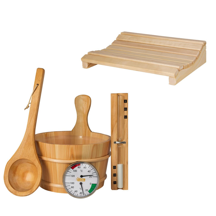 SUNNYDEALS klassisches Saunazubehörset | Saunaset 5-teilig aus naturbelassenem Holz | Saunaeimer &amp; K