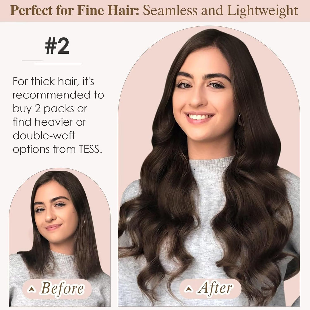 TESS 50 cm Clip in Extensions Echthaar Dunkelbraun 8 PCS Hair Extensions Clip in Echthaar 70g Braun