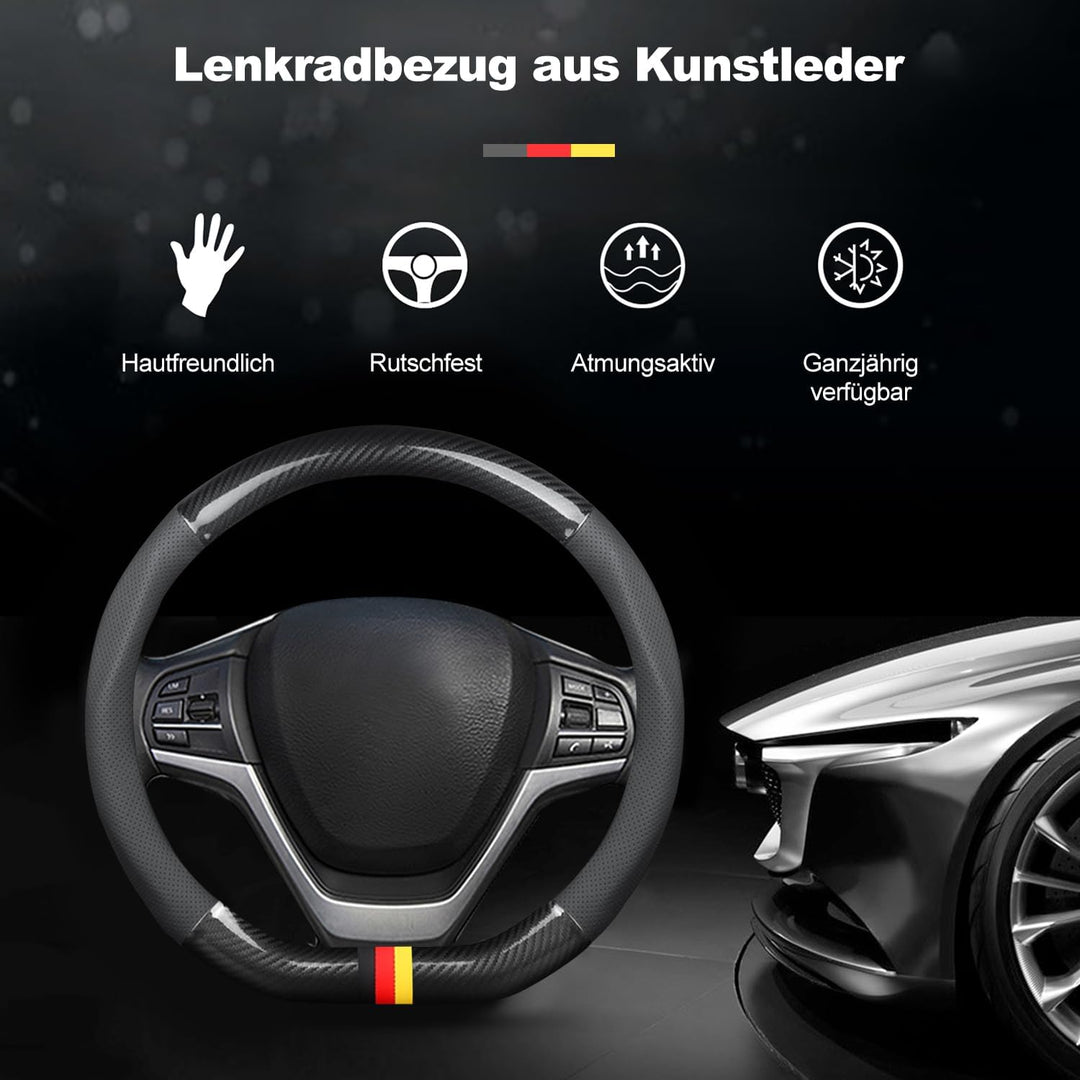 Ergocar Auto Lenkradbezug Rutschfester Auto Lenkradschutz D-Form Kohlefaser & PU Leder für Durchmess