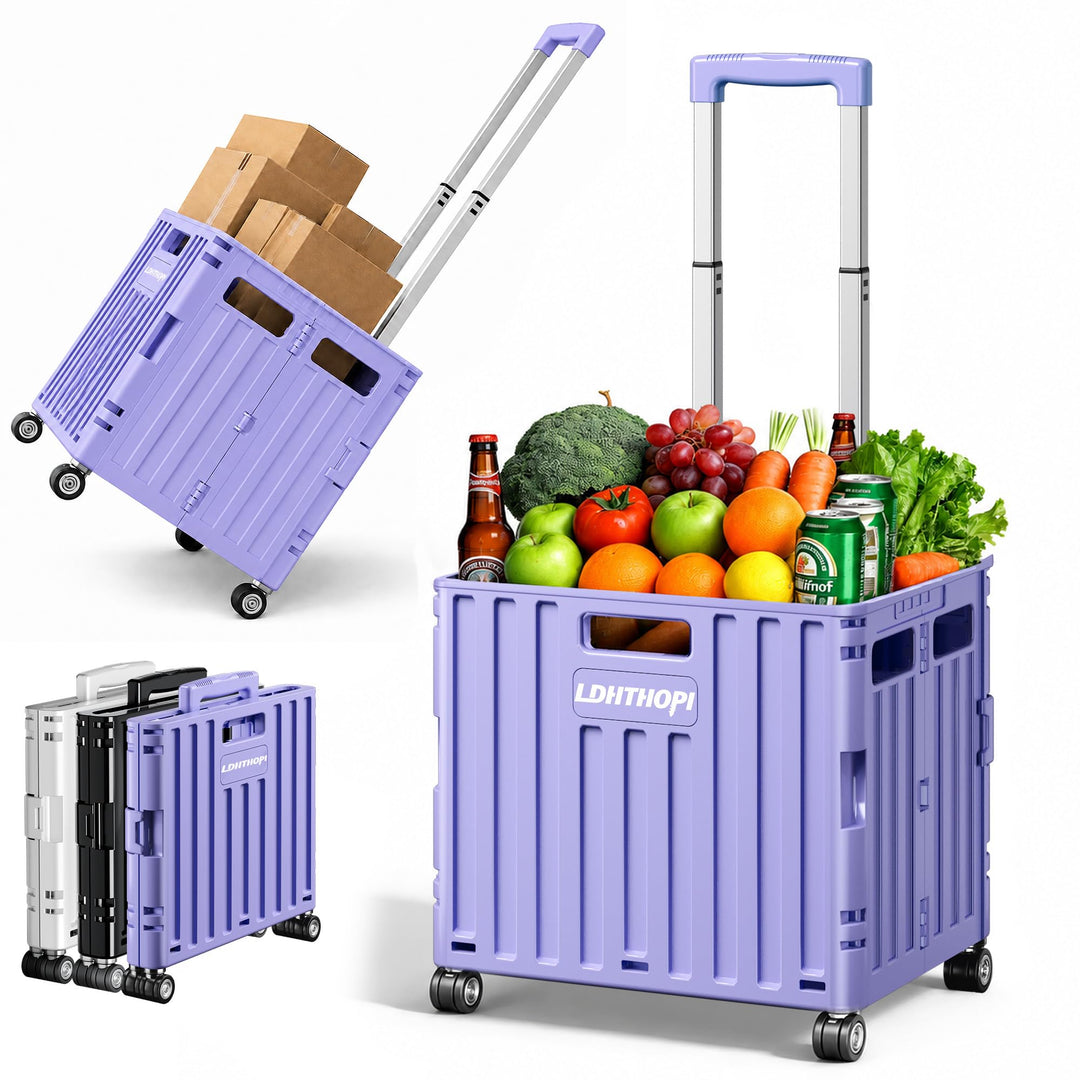 LDHTHOPI Einkaufstrolley klappbar, Violett, 65L, MAX 50KG | Teleskopgriff, 4 zerlegbare drehbare Räd