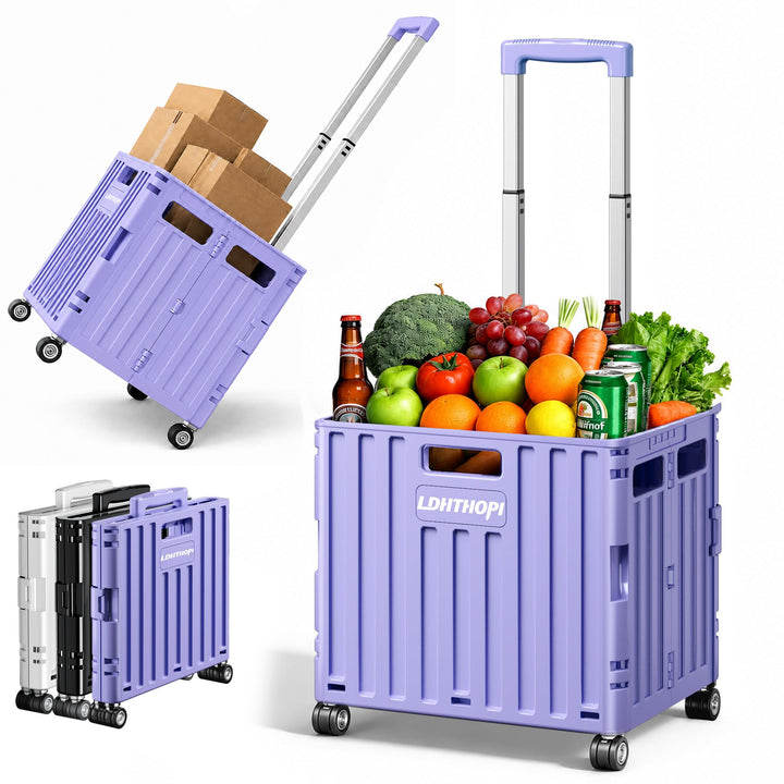 LDHTHOPI Einkaufstrolley klappbar, Violett, 65L, MAX 50KG | Teleskopgriff, 4 zerlegbare drehbare Räd