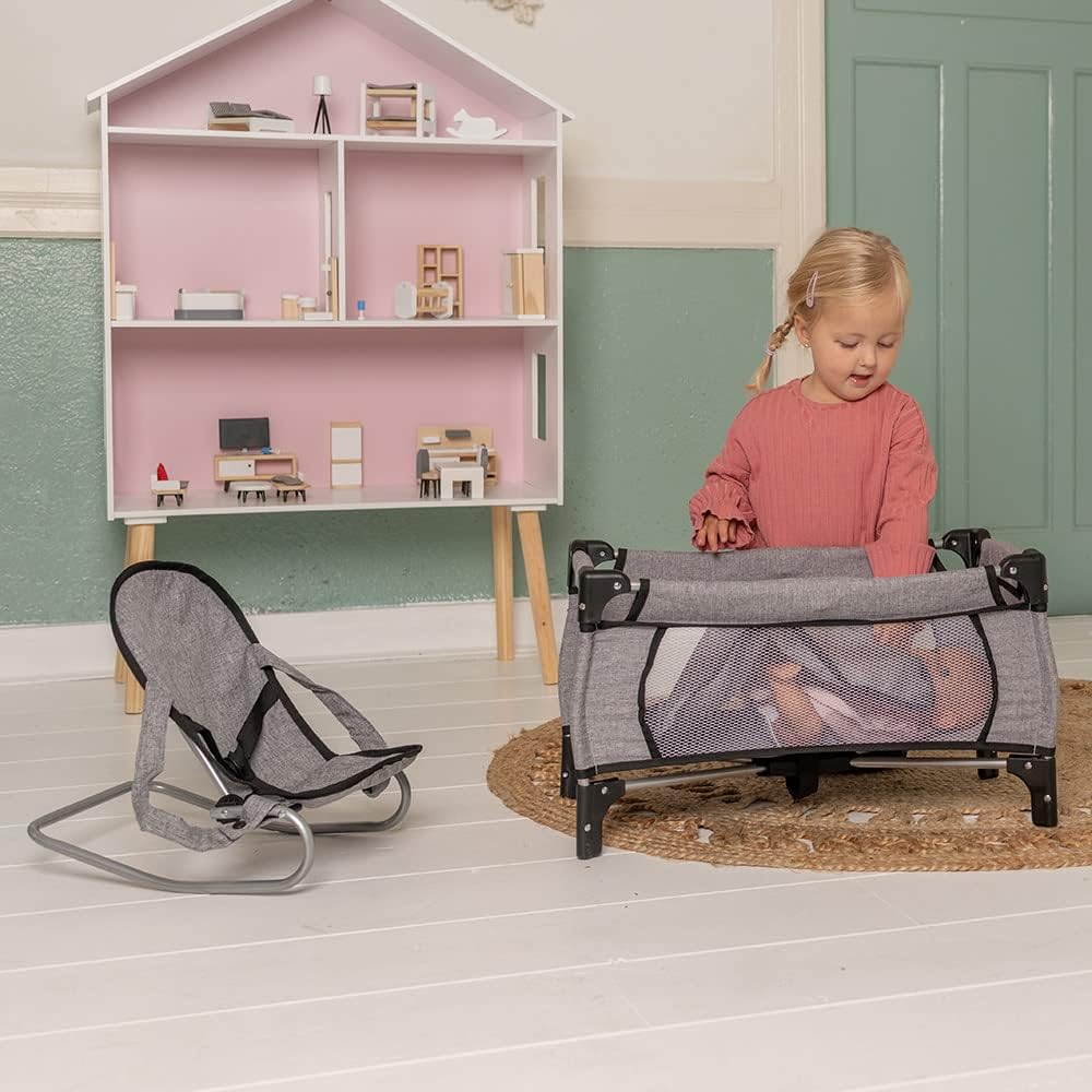 Bandits & Angels Puppenbett und Wippe Grey Angel – Grau Puppenmöbel – Stuhl mit Sicherheitsgurten un