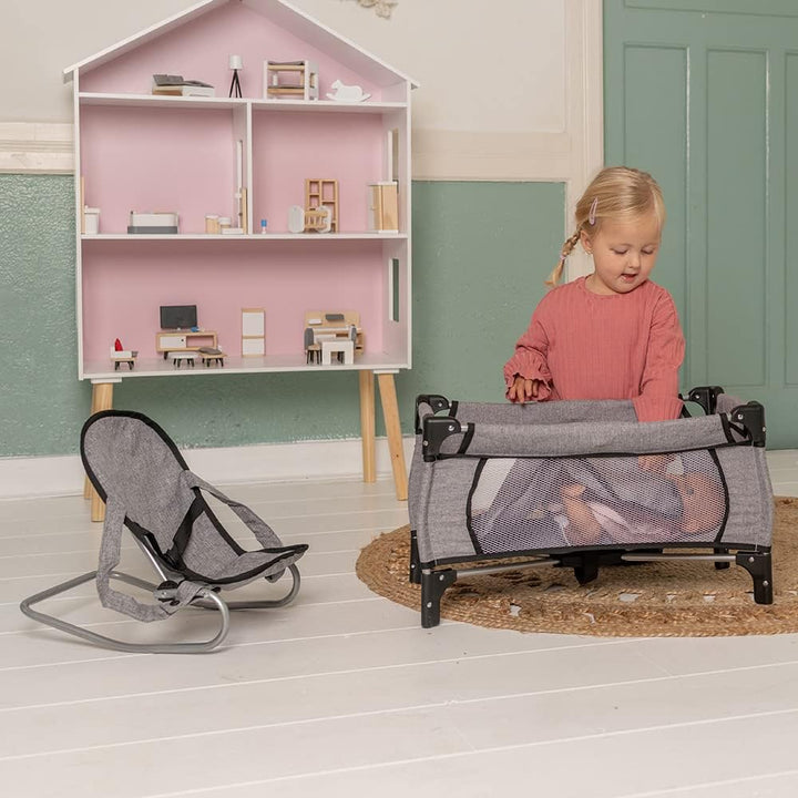 Bandits & Angels Puppenbett und Wippe Grey Angel – Grau Puppenmöbel – Stuhl mit Sicherheitsgurten un