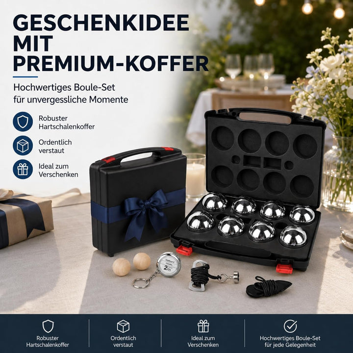 Boule Set, Boccia aus Metall mit Holzkugeln, Messseil, Rollbandmass, Magnet-Kugelsammler & Aufbewahr