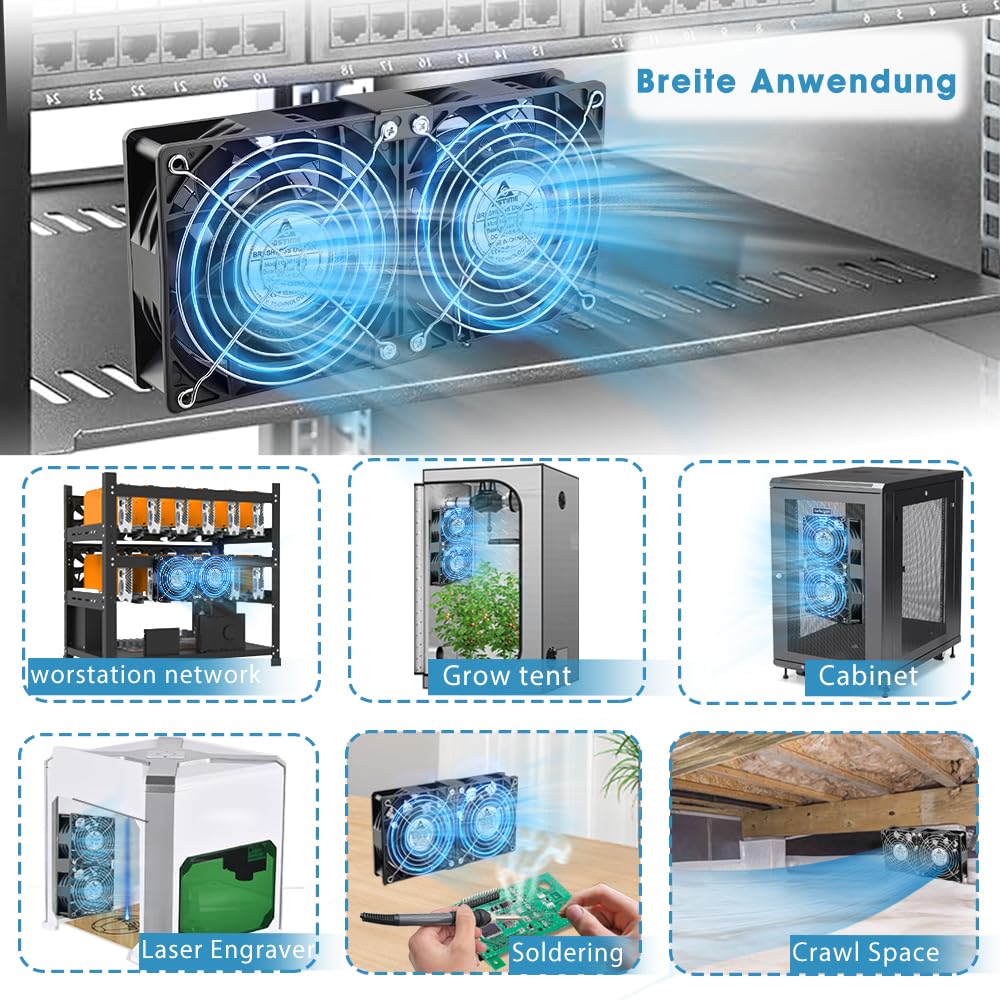 GDSTIME Grosser Luftstrom Dual 120mm Lüfter mit AC Stecker 220V 230V 240V 120 x 38mm Kühlung Lüfter