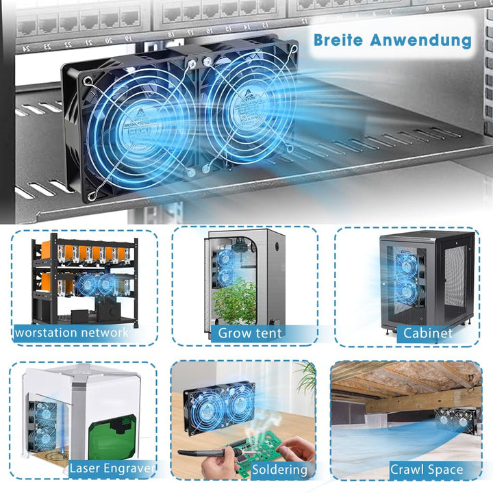 GDSTIME Grosser Luftstrom Dual 120mm Lüfter mit AC Stecker 220V 230V 240V 120 x 38mm Kühlung Lüfter