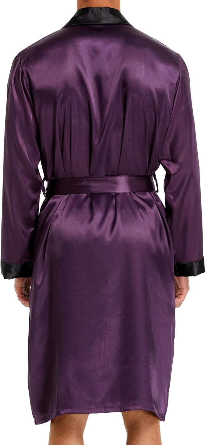 Herren Satin Bademantel, Leichter Seiden Langarm Bademantel mit Shorts Set, Spa Kimono Nachtwäsche L