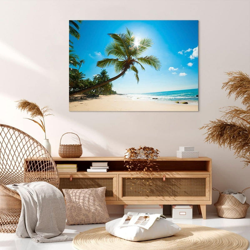 Bilder auf Leinwand 100x70cm Leinwandbild mit Rahmen Strand Palme Meer Gross Wanddeko Bild Schlafzim