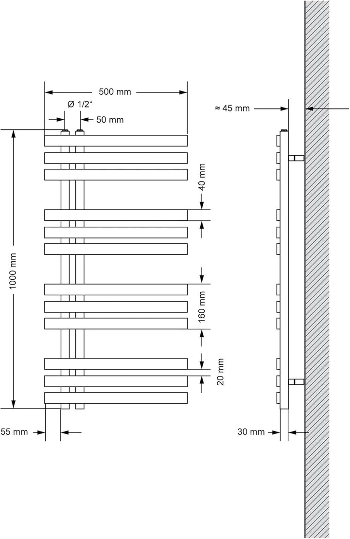 ECD Germany Badheizkörper Elektrisch 500 x 1000 mm Weiss mit Heizstab 600W - Flach Designbadheizkörp