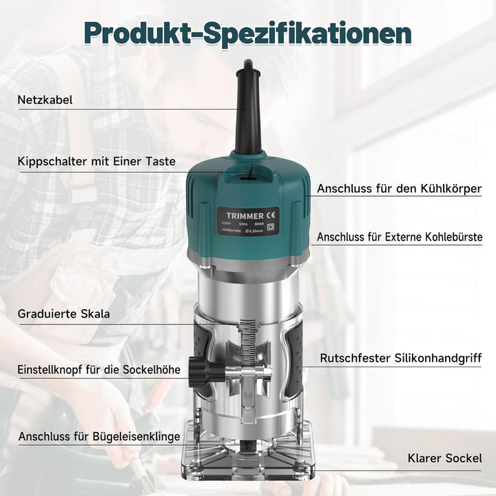 Yofuly 800W Oberfräse Holzfräse, 220V Einhandfräse Oberfräsen Trimmer 30000r/min 6.35mm Spannzangen