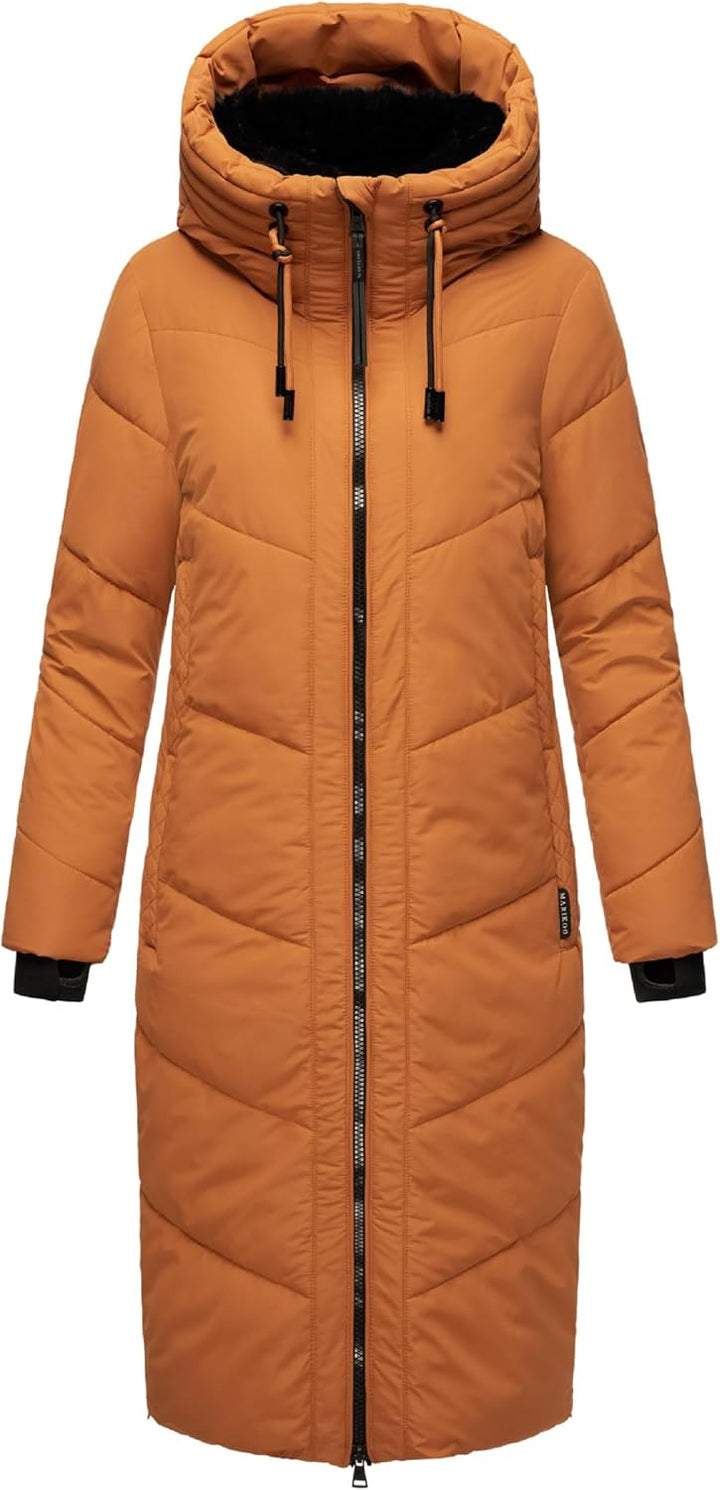 MARIKOO Damen Wintermantel Warmer Steppmantel lang mit Verstellbarer Kapuze und hohem Kragen Nadaree