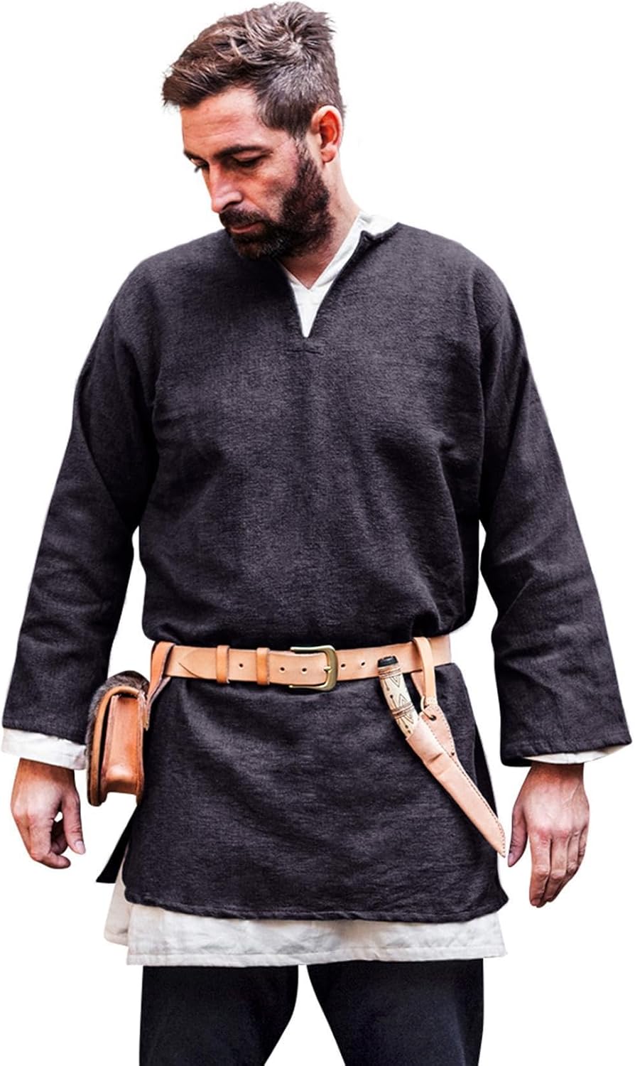 Mittelalter Kurztunika Tunika Langarm grau authentisch Wolle - XXL XXL Grau, XXL Grau