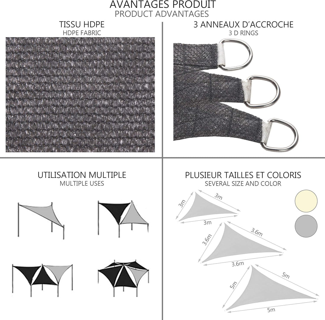VOUNOT® Sonnensegel Dreieckig mit Befestigung Set, Sonnenschutz Atmungsaktiv und UV Schutz, für Balk