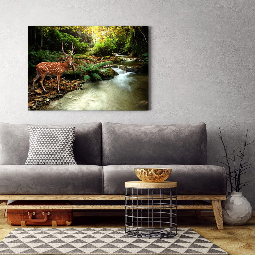 Bilder Hirsch Wald Landschaft XXL 90x60 cm 1Teilig Wohnzimmer Schlafzimmer Modern Wandbilder Vlies L
