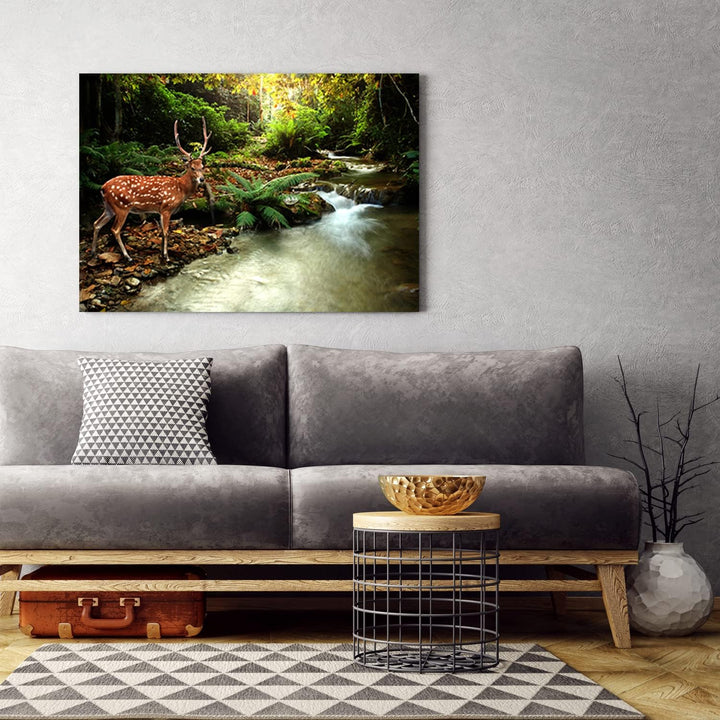 Bilder Hirsch Wald Landschaft XXL 90x60 cm 1Teilig Wohnzimmer Schlafzimmer Modern Wandbilder Vlies L