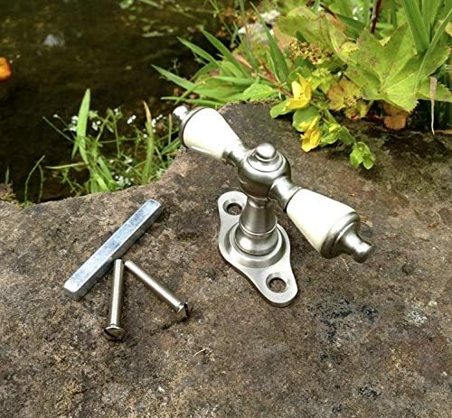 Antikas - Fensterolive Nickel gebürstet, Gründerzeit-Jugendstil Griff in altweiss