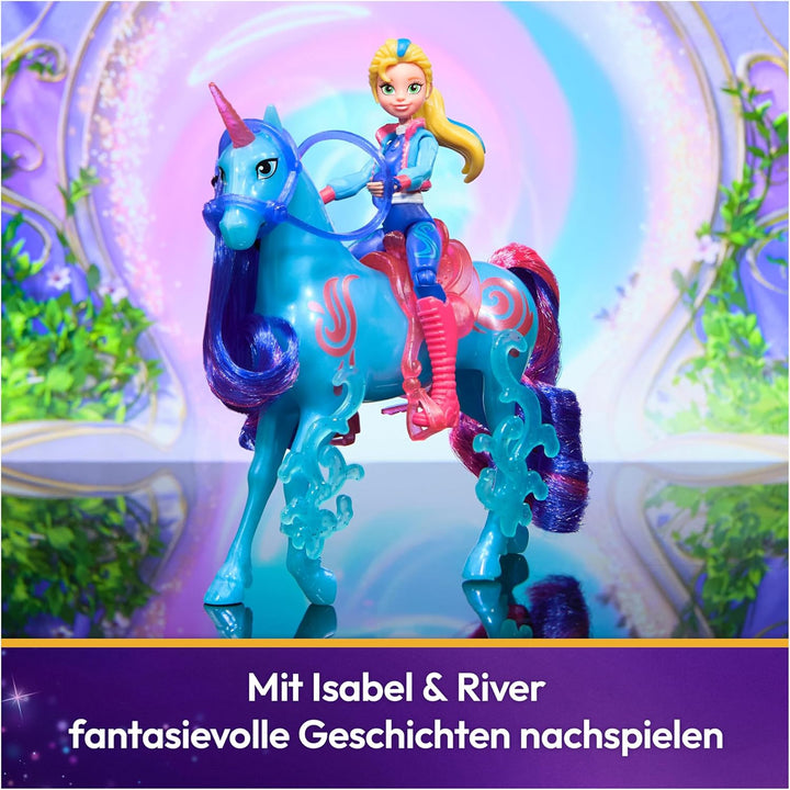 Unicorn Academy Set - Isabel und Einhorn River mit echter Mähne und Schweif sowie Bürste, ca. 12 cm