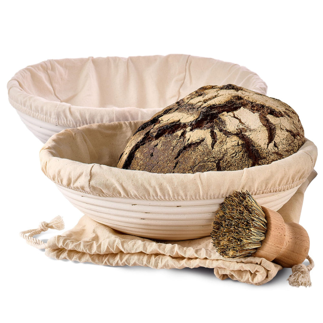 Praknu Gärkorb zum Brotbacken 2er Set - Aus nachhaltigem Rattan - Rund - 30cm - Set inkl. Bürste, Le