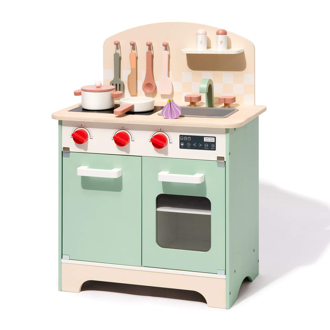 ROBUD Spielzeug Kinderküche, Holz Spielküchen Zubehör mit Schneiden Gemüse Lebensmittel, Backenofen,