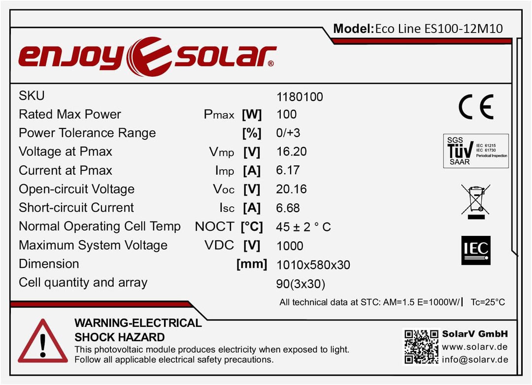 enjoy solar® 100W 12V Monokristallines Solarmodul mit HPBC-Technologie - 25% Hocheffizienz, 182mm So