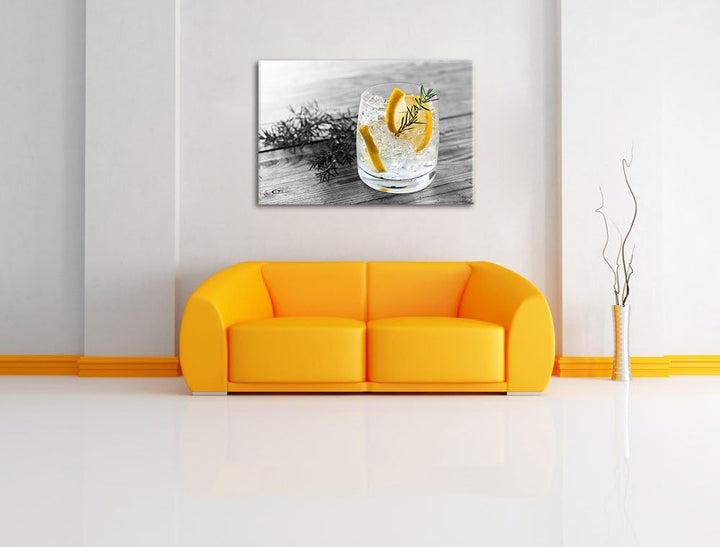 Drink garniert mit Zitrone und Rosmarin schwarz/weiss Format: 100x70 auf Leinwand, XXL riesige Bilde