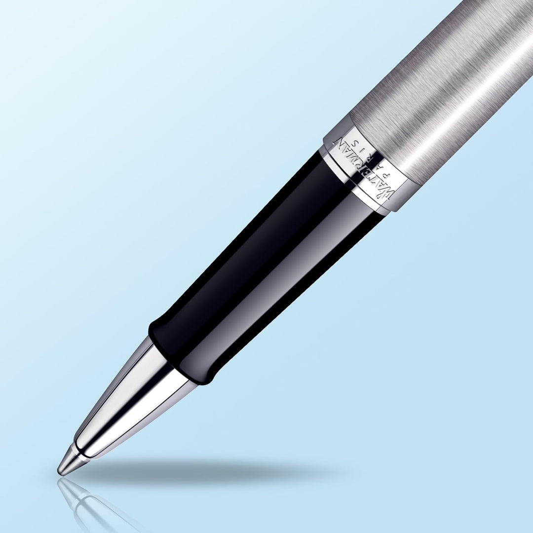 Waterman Hémisphère Tintenroller | Edelstahl mit Chromzierteile | feine Spitze | Schwarze Tinte | Ge