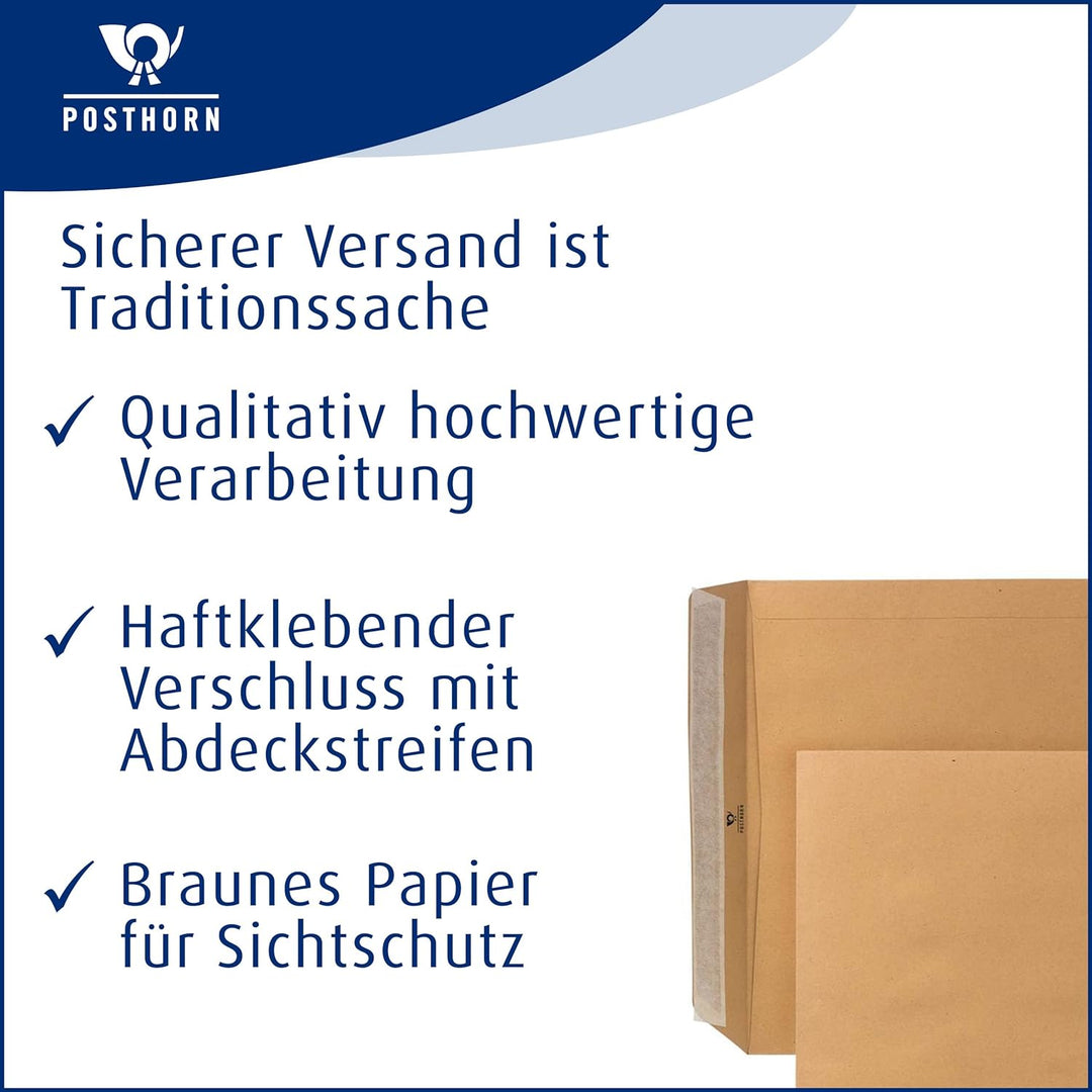 POSTHORN Versandtasche E4 (250 Stück), haftklebende Versandtaschen ohne Fenster, braune Versandtasch
