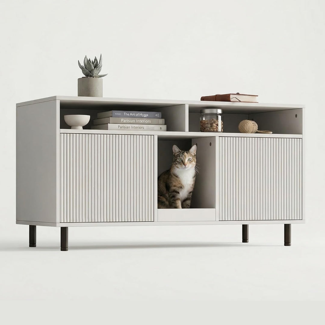Katzenklo Schrank für 2 Katzen mit Sandauffangmatte, XXL Sideboard für Katzentoilette Versteckt, Mul