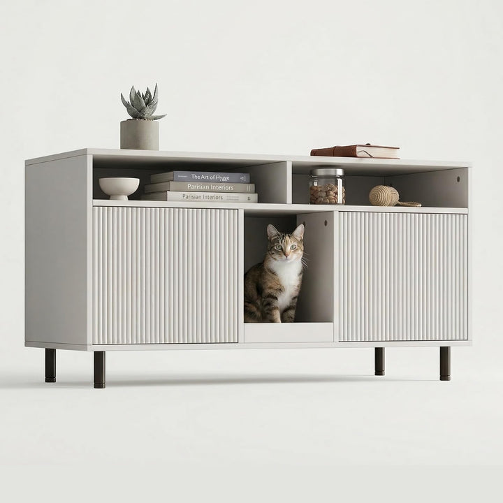 Katzenklo Schrank für 2 Katzen mit Sandauffangmatte, XXL Sideboard für Katzentoilette Versteckt, Mul
