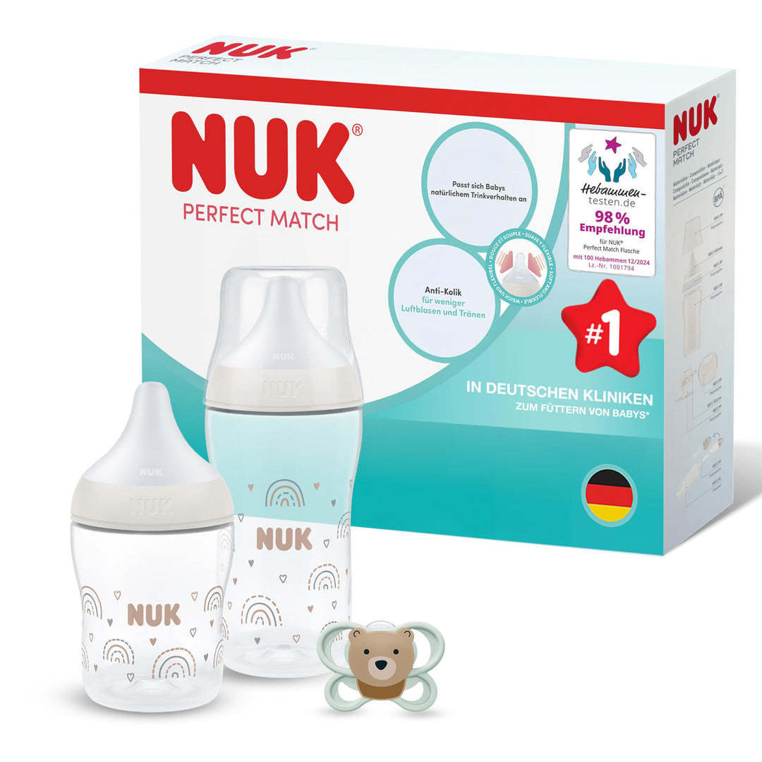 NUK Perfect Match Babyflaschen & Schnuller Geschenkset für Neugeborene | 0–3 Monate | 2 x Anti-Kolik