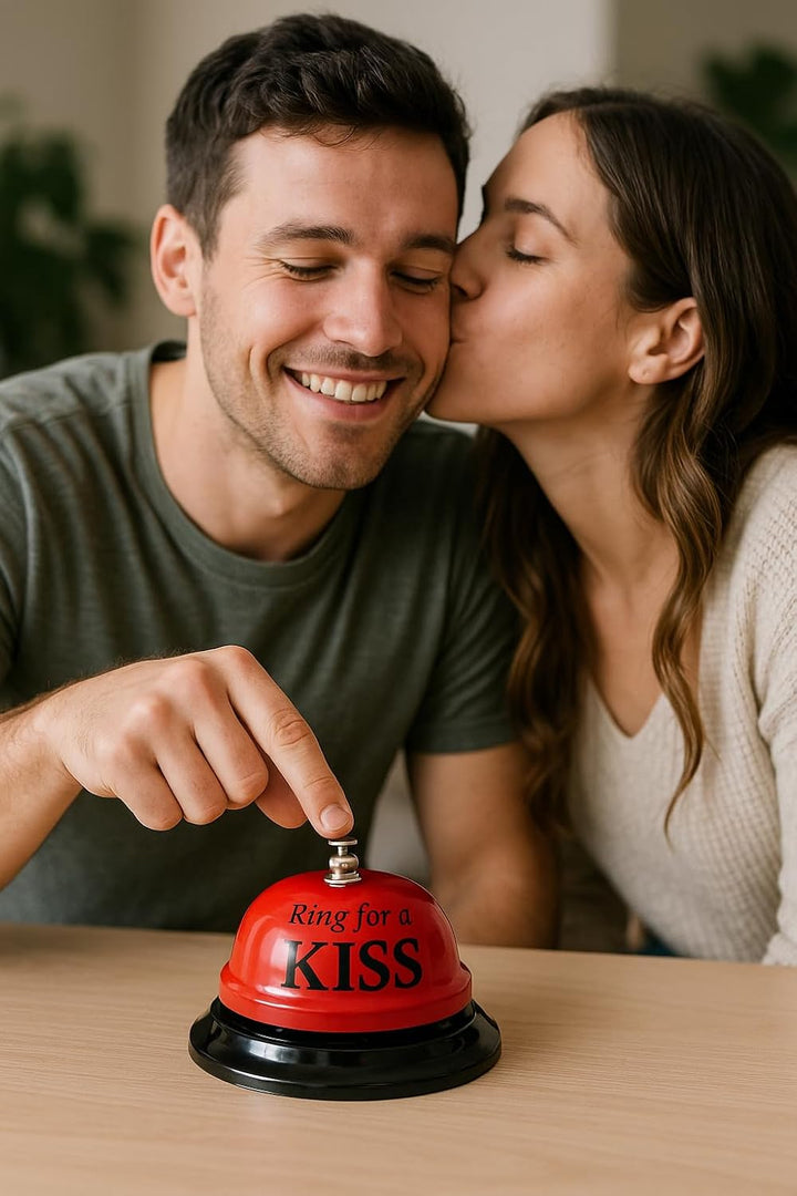 Ring for a Kiss Tischglocke, Rot/Schwarz, 8,5 cm Durchmesser, Lustige Klingel für besondere Anlässe
